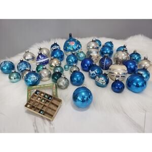 LOT 40 Vintage Antique‎ glass ball ornament silver blue glitter MCM shiny brite